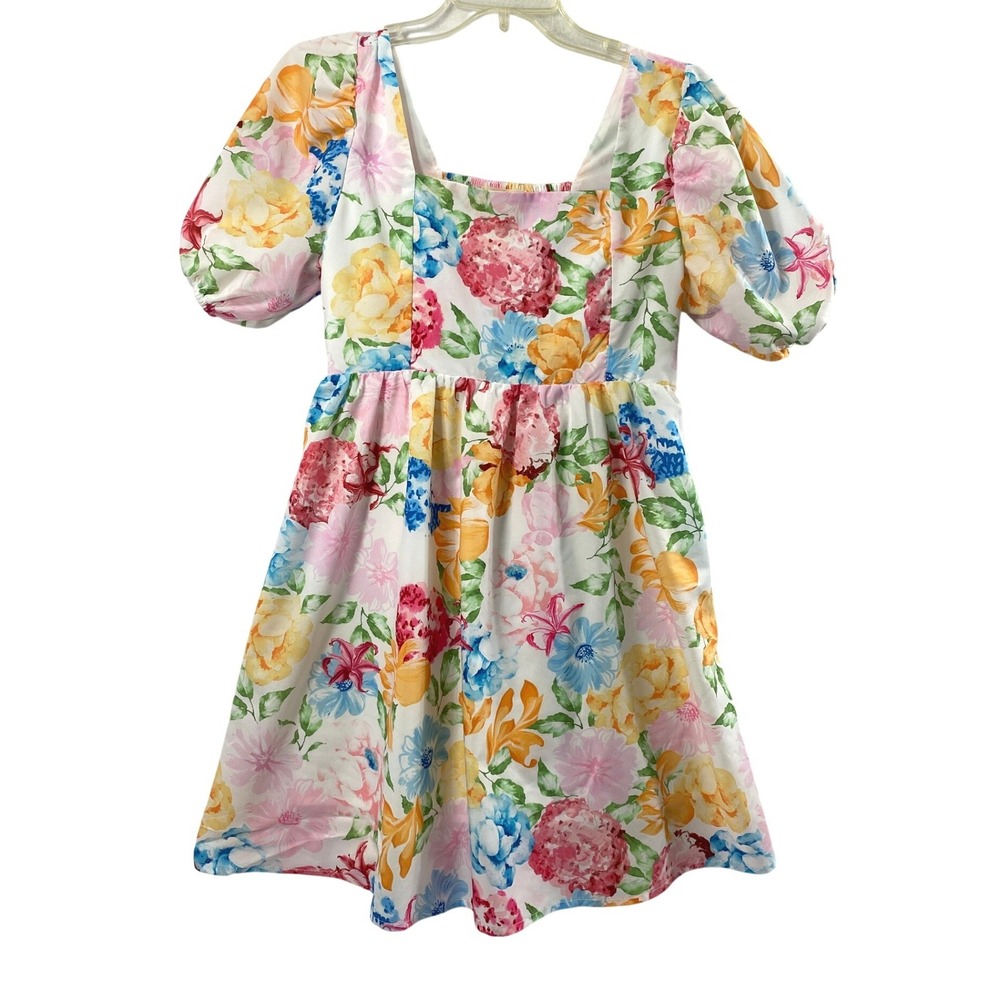 SundayUp Floral Puff Sleeve Dress Junior Large Square Neck Short Summer Vacation